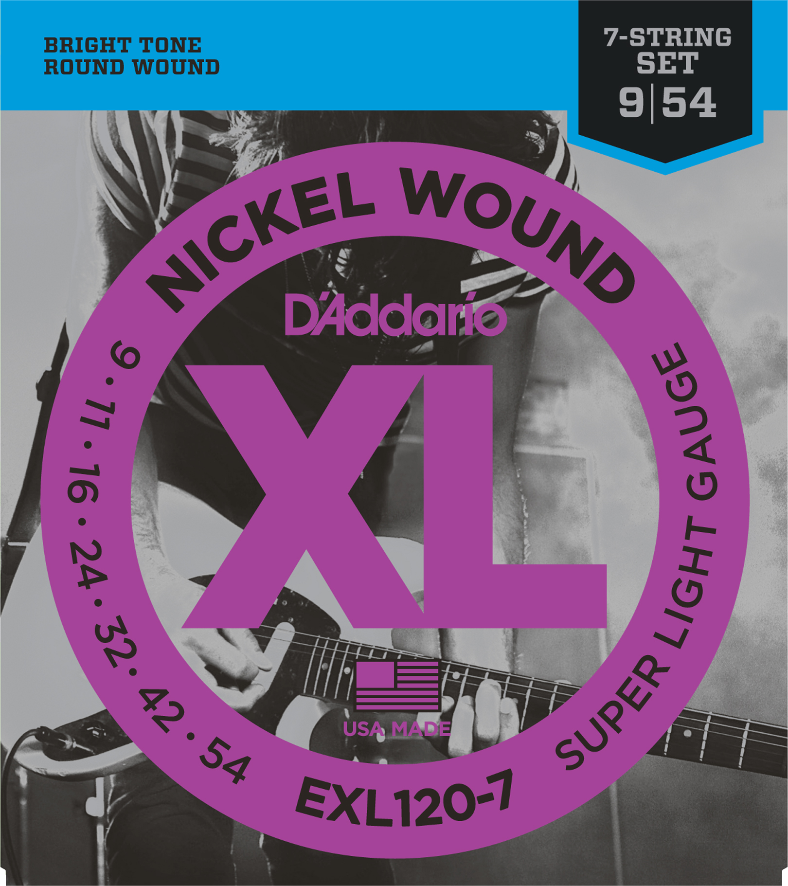 D`ADDARIO EXL120-7 Струны для 7-струнной электрогитары Nickel Wound, никель, 9-54, Super Light