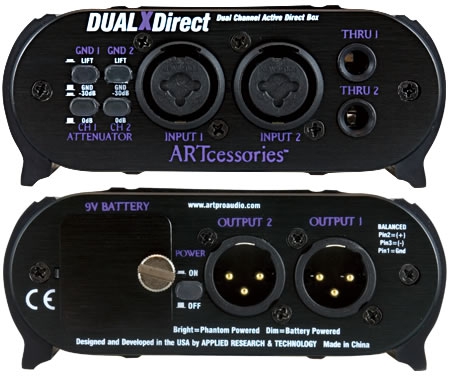 ART DUALXDirect 2-х канальный активный директ-бокс, фантом или 9V батарея, XLR/ 1/4"TRS