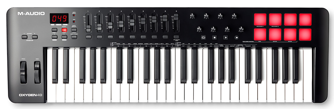 M-Audio Oxygen 49 MKV 49 клавишная USB MIDI клавиатура, LCD дисплей, 8 энкодеров, 8 пэдов, 9 фейдеро