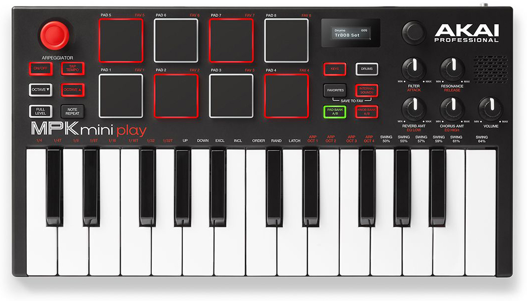 Akai PRO MPK MINI PLAY USB миди клавиатура, 25 клавиш, 8 пэдов, 8 ручек, работа от батареек, встроен